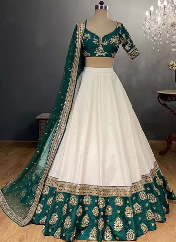 White And Green Zari Embroidered Taffeta Silk Lehenga Choli